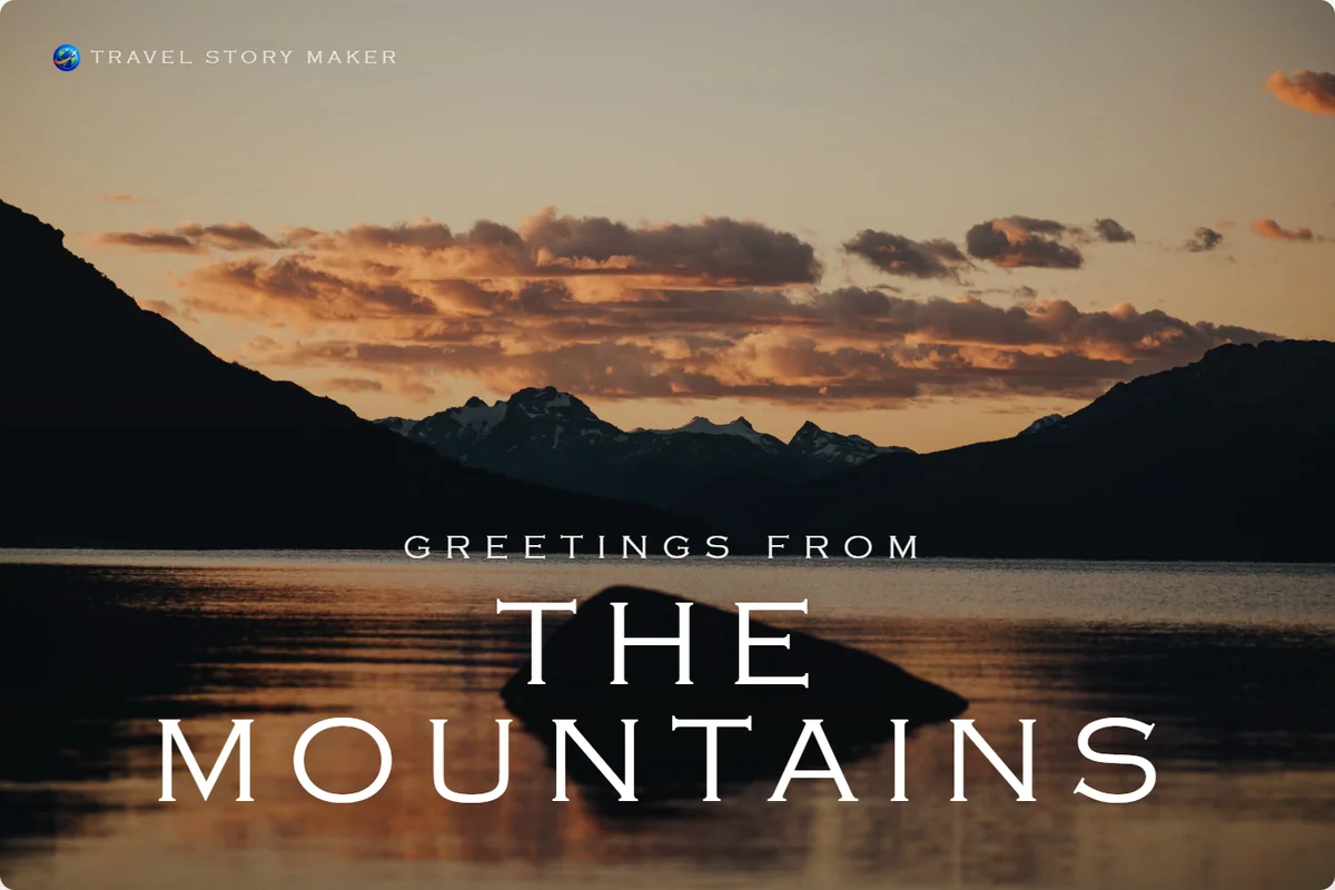 Example postcard with a mountain landscape photograph and a personalized title.